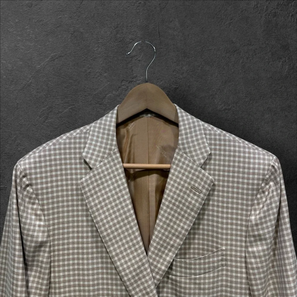 Kiton Napoli 100% Cashmere Gingham Sport Coat Blazer Tan White Mens 52‎ IT 42 US